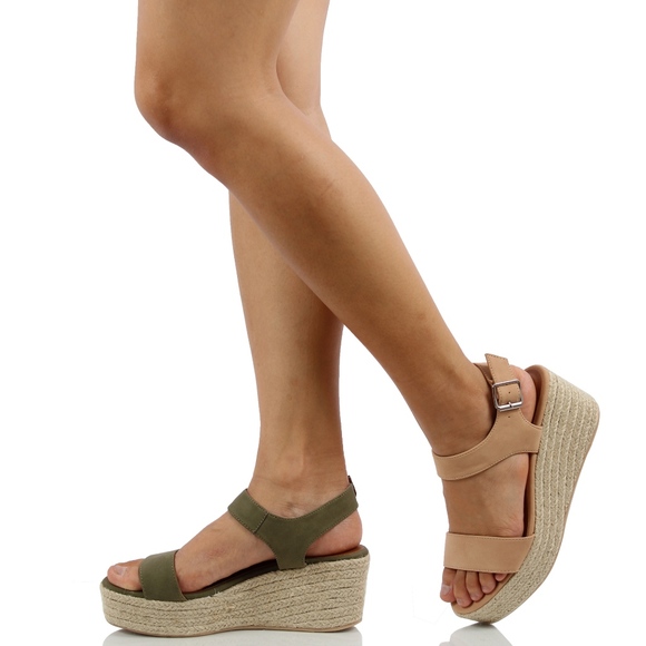 Dark Nude Open Toe Ankle Strap Espadrille Wedge - Picture 5 of 6